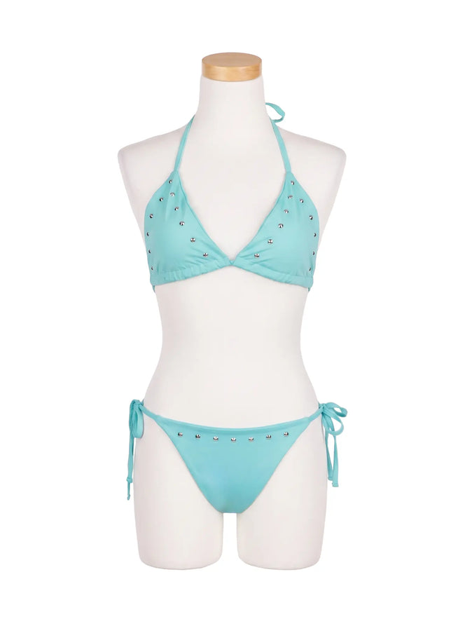 LEWKIN Crystal Studded Bikini Set CU530 Mint front view on mannequin triangle halter top with silver studs and side-tie bikini bottom S/M