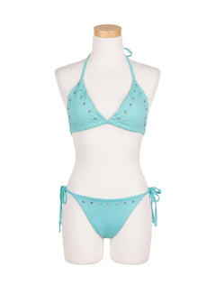 LEWKIN Crystal Studded Bikini Set CU530 Mint front view on mannequin triangle halter top with silver studs and side-tie bikini bottom S/M