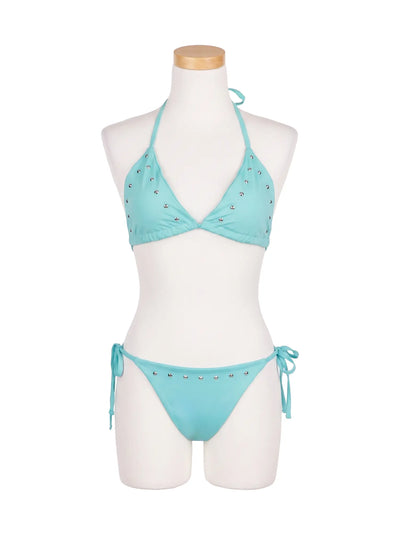 LEWKIN Crystal Studded Bikini Set CU530 Mint front view on mannequin triangle halter top with silver studs and side-tie bikini bottom S/M