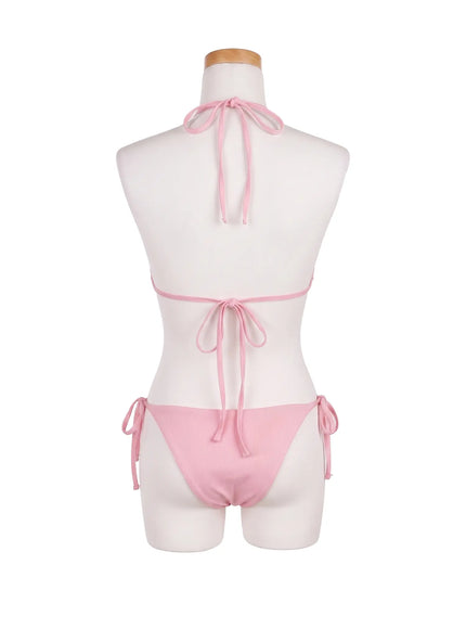 Crystal Studded Bikini Set CU530 Pink back view on mannequin halter neck knot tie band tie and side-tie bottom in ribbed pink fabric