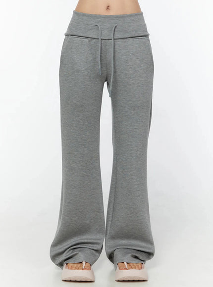 LEWKIN Cuffed Flare Lounge Pants IU524 Gray S/M front crop shot on model showing drawstring waistband and wide-leg silhouette in heathered fleece