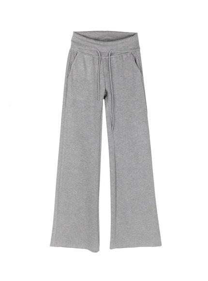 Cuffed Flare Lounge Pants IU524 Gray flat-lay front view showing full silhouette folded waistband drawstring side pockets and flared leg