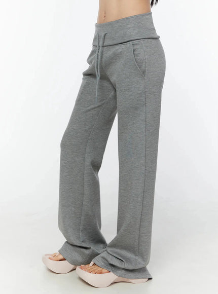 Cuffed Flare Lounge Pants IU524 Gray side full-length crop shot on model showing angled seam stitching folded cuff waistband and wide flare leg