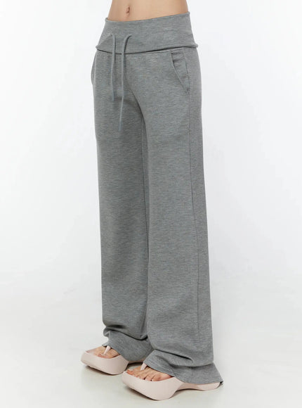 Cuffed Flare Lounge Pants IU524 Gray side crop shot on model from waist to ankle showing side seam stitching folded waistband and flare hem