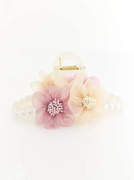 Daisy Hair Clip IL503 ivory back view flat lay revealing gold spring hinge mechanism with organza blooms and pearl trim