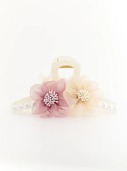LEWKIN Daisy Hair Clip IL503 ivory front view flat lay showing dusty pink and cream organza flowers with pearl-studded base