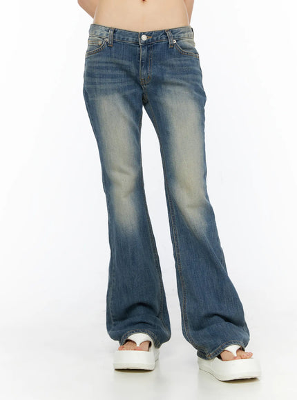 LEWKIN Dawn Low Rise Bootcut Jeans CU530 Blue front crop shot on model wearing white platform sandals showing low-rise waist and flared leg hem