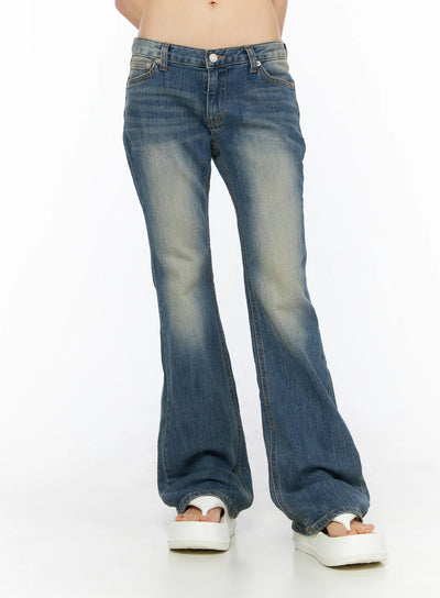 LEWKIN Dawn Low Rise Bootcut Jeans CU530 Blue front crop shot on model wearing white platform sandals showing low-rise waist and flared leg hem