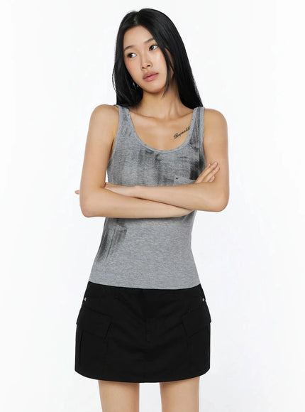 Dirty Wash Chest Pocket Tank Top IL509 Gray front shot on model with arms crossed wearing black cargo mini skirt ribbed knit texture