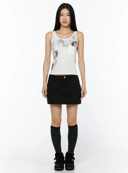 Dirty Wash Chest Pocket Tank Top IL509 White full-body front shot on model standing straight styled with black mini skirt striped knee-high socks