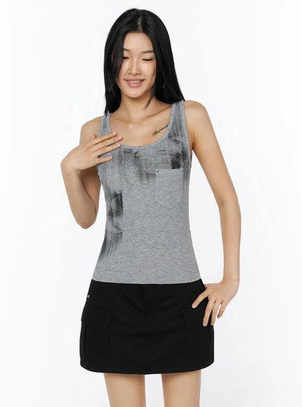 Dirty Wash Chest Pocket Tank Top IL509 in Gray, size S/M