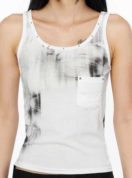 Dirty Wash Chest Pocket Tank Top IL509 White close-up front detail shot on model showing smudge print chest pocket silver stud neckline