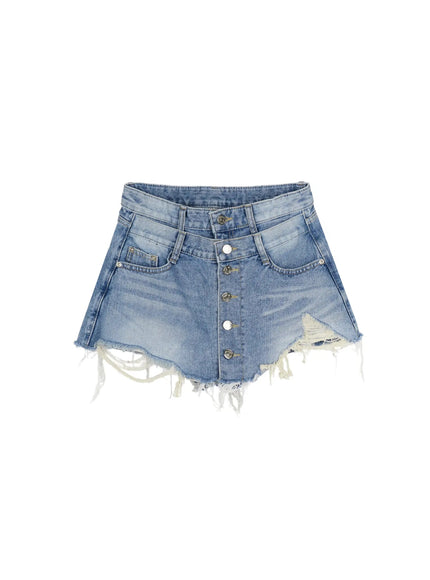 Distressed Mini Denim Skirt IL524 Blue flat-lay front view showing double-waistband, button-fly closure, side pockets, and heavily frayed distressed raw hem on white background