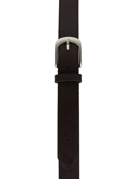 Double Buckle Faux Leather Belt CL527 Brown close-up flat detail showing silver rounded buckle, punched holes, and stitched faux leather strap
