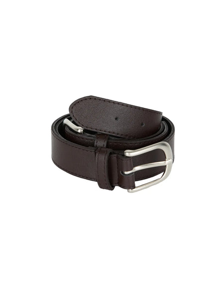 Double Buckle Faux Leather Belt CL527 Brown coiled flat-lay showing full belt length, silver buckle, keeper loop, and rounded tip detail