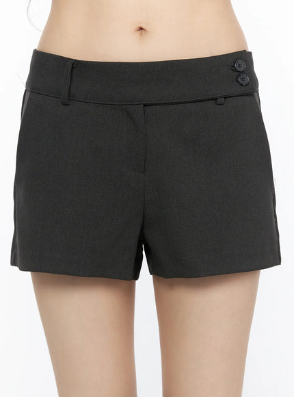 Double Button Low-Rise Shorts CL523 Dark gray front close-up hanger-free model showing twill fabric texture double button detail low-rise waistband and slim fit