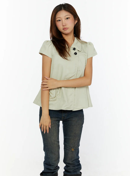 Double-Button Short Sleeve Blouse CL515 in Beige, size S/M