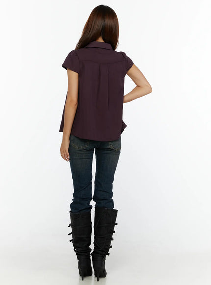Double-Button Short Sleeve Blouse CL515 dark purple full-length back view model standing styled with distressed jeans and black buckle knee-high boots