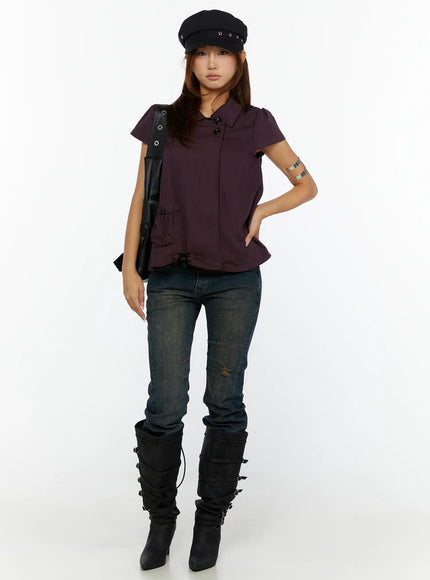 Double-Button Short Sleeve Blouse CL515 dark purple full-length front view model standing styled with distressed jeans and buckle knee boots