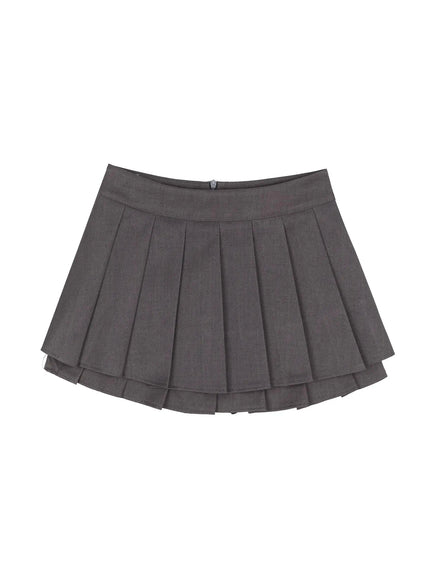 Double Pleated Mini Skirt IL509 Dark gray flat-lay front view showing full double-layer pleated silhouette, wide waistband, and back zipper on white background