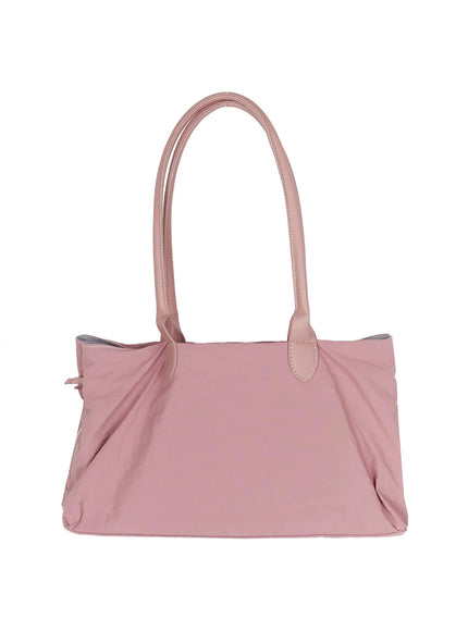 Double Pocket Shoulder Bag IL516 Pink product-only front view on white background showing nylon tote silhouette dual leather top handles and side cinch ties