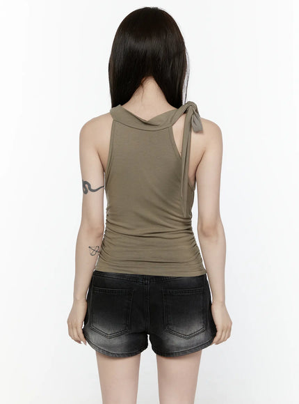 Draped Halter Tank Top IL522 Dark green back model standing showing open back with tied neck strap knot detail and ruched side panels