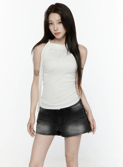 Draped Halter Tank Top IL522 White front model standing three-quarter shoulder tie drape ruched bust and side fitted stretch knit with denim shorts