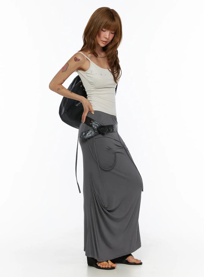 LEWKIN Draped Maxi Skirt CL503 Dark gray side-angle full-body shot on model styled with white tank top and black bag, soft jersey drape