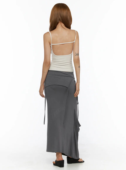 Draped Maxi Skirt CL503 Dark gray back full-body shot on model with white tank, displaying back panel seaming and long side tie straps