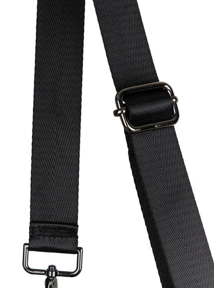 Drawstring Pocket Bucket Bag IL515 Black close-up detail of black nylon webbing adjustable backpack strap with gunmetal slide buckle and swivel snap hook