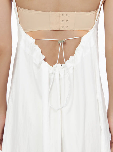 Drawstring Sleeveless Long Dress CL510 White close-up back detail showing adjustable drawstring cord ruched open-back cutout and thin shoulder straps