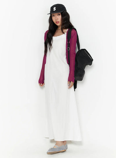 LEWKIN Drawstring Sleeveless Long Dress CL510 White S/M front shot on model styled with magenta knit cardigan black cap and backpack