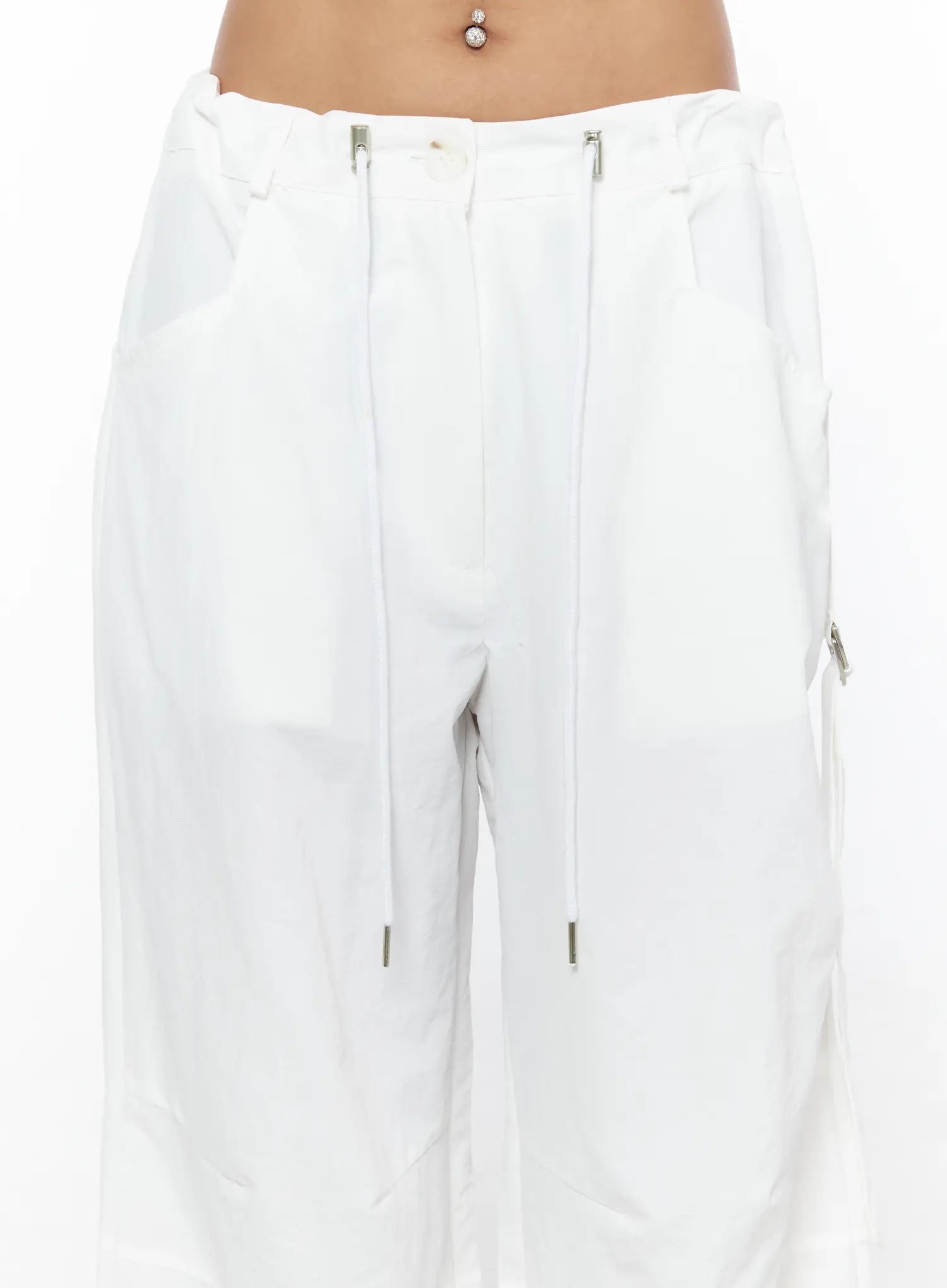 Drawstring Wide Leg Parachute Pants CU524 White close-up detail of waistband showing silver double zip closure drawstring pulls and low-rise fit on model