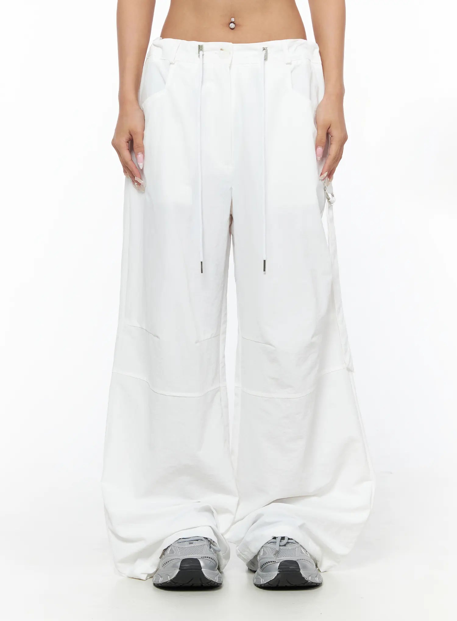 LEWKIN Drawstring Wide Leg Parachute Pants CU524 White front view on model cropped at waist showing silver zip hardware and drawstring detail size M/L
