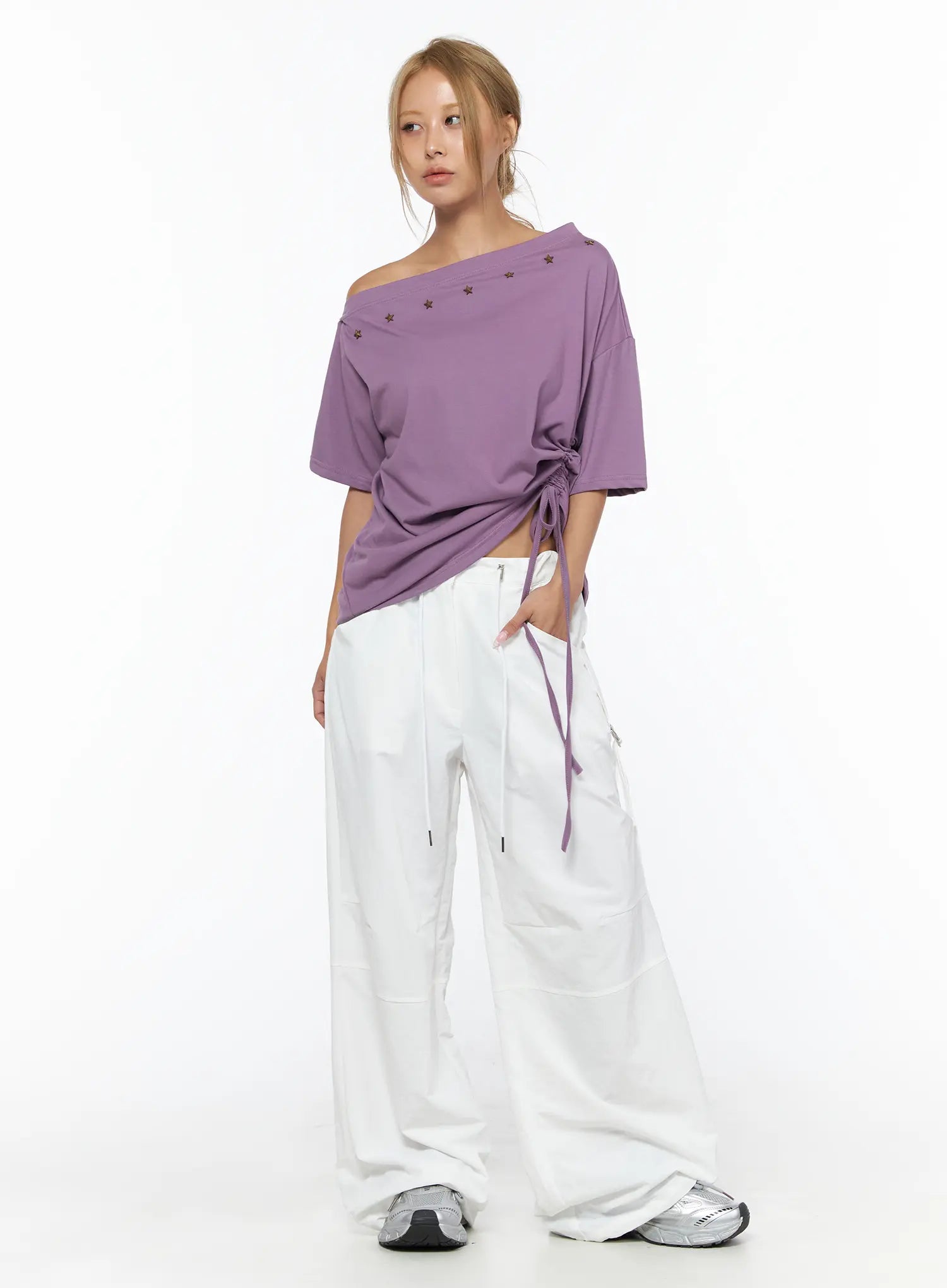 Drawstring Wide Leg Parachute Pants CU524 White full-body front styling shot on model in purple ruched top standing upright hand in pocket with sneakers