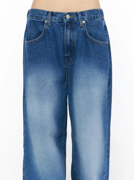 Easton Washed Wide Leg Jeans CU530 Dark blue close-up detail of front waistband, five-pocket construction, gold topstitching, silver rivets, and gradient faded wash denim texture