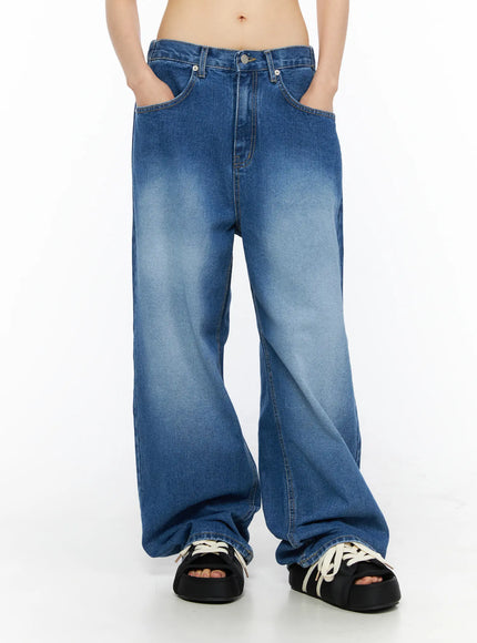 LEWKIN Easton Washed Wide Leg Jeans CU530 Dark blue front close-up on model showing faded wash, five-pocket styling, silver button, and wide leg silhouette pooling over black sandals