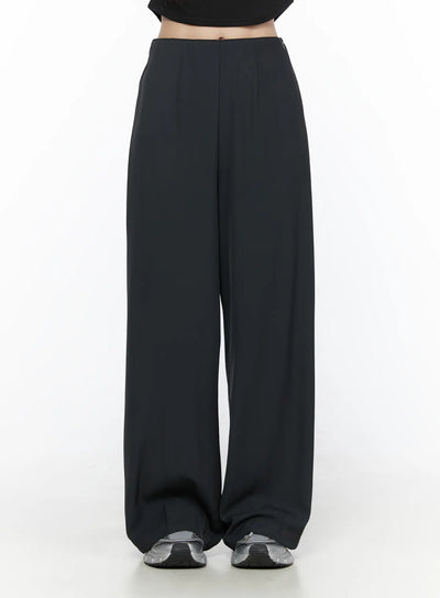 LEWKIN Elastic Waist Relaxed Pants CL524 Dark gray front crop shot on model paired with black crop tee and silver sneakers, wide-leg silhouette
