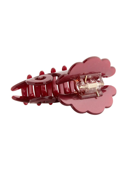 Elise Hair Clip IL503 burgundy bottom detail view showing metal spring hinge mechanism scalloped edges and claw teeth structure