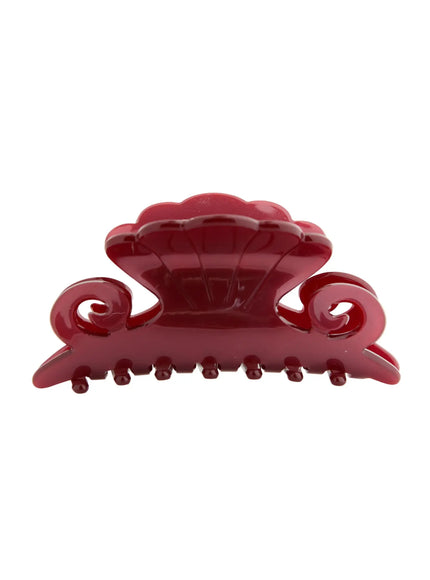 LEWKIN Elise Hair Clip IL503 burgundy front view glossy acrylic claw clip with scalloped top and decorative scroll curl ends