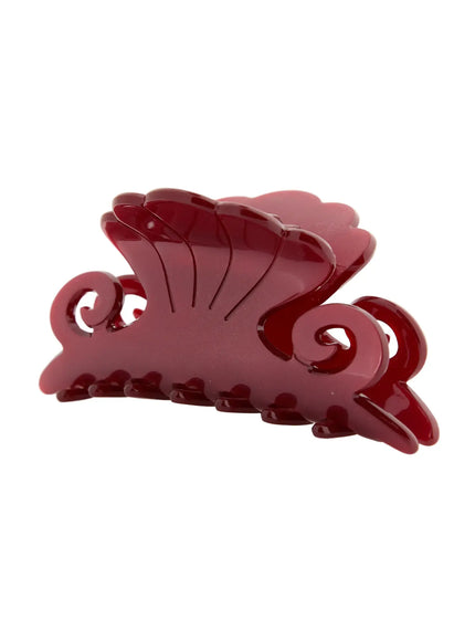 Elise Hair Clip IL503 burgundy side angle view showing scalloped fan top ornate scroll design and smooth glossy acrylic finish