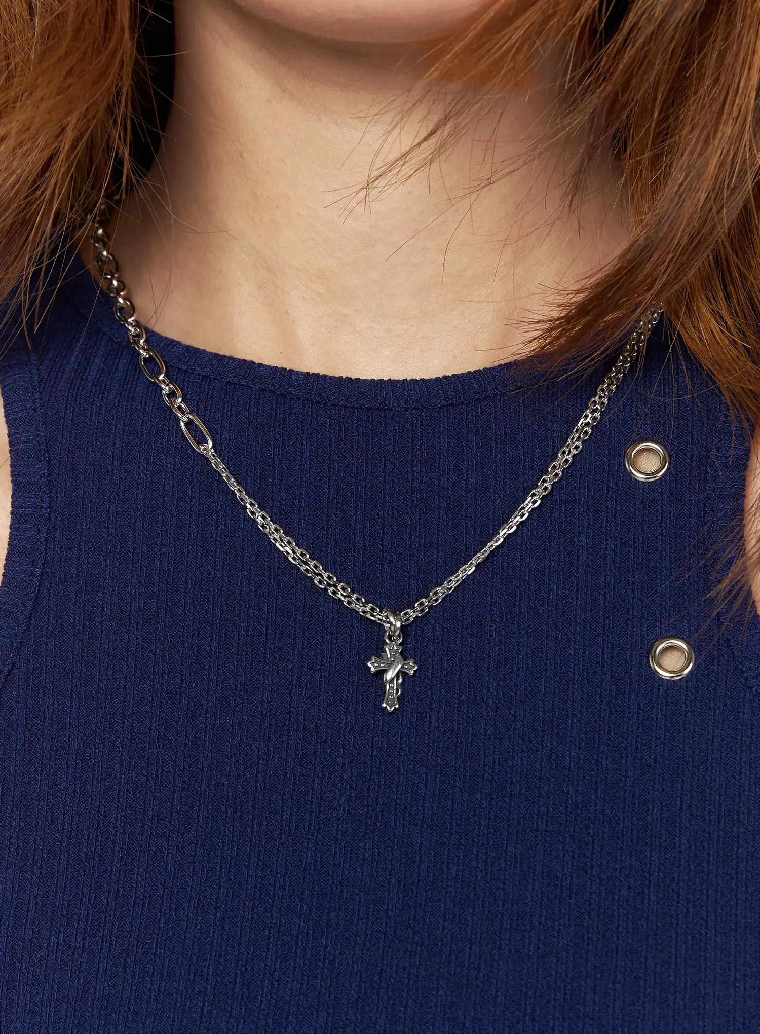 Ellis Cross Chain Necklace IL517 silver front view on model wearing blue ribbed sleeveless top with gothic cross pendant layered chain