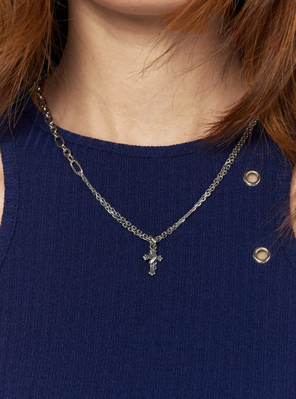 Ellis Cross Chain Necklace IL517 silver front view on model wearing blue ribbed sleeveless top with gothic cross pendant layered chain