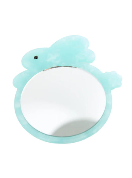 LEWKIN Elsie Compact Mirror IL503 Mint angled front view showing rabbit-shaped acrylic frame with round mirror and black rhinestone eye detail
