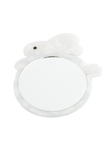 Elsie Compact Mirror IL503 White front view of rabbit-shaped compact mirror with round mirror surface and marble-texture white acrylic frame