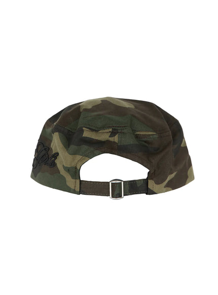 Embroidered Graphic Baseball Cap CL528 Camouflage back flat-lay showing adjustable metal slider buckle strap and partial script embroidery on camo rear panel