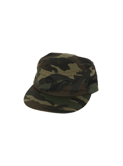 Embroidered Graphic Baseball Cap CL528 Camouflage three-quarter flat-lay showing black W script embroidery and Wave Girls text on green brown camo cotton panel