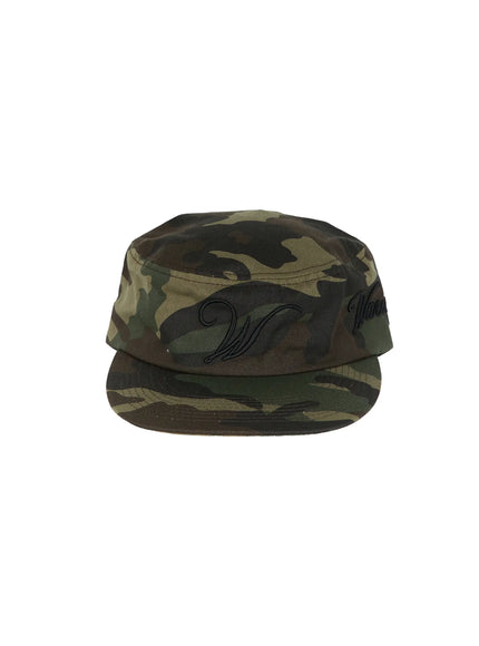 Embroidered Graphic Baseball Cap CL528 Camouflage front flat-lay direct view showing black tone-on-tone W logo and script embroidery on structured camo front panel