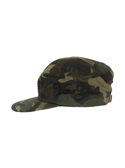 Embroidered Graphic Baseball Cap CL528 Camouflage side flat-lay showing full Wave Girls black script embroidery on right side panel of green camo military-style cap