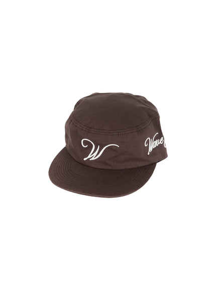 Embroidered Graphic Baseball Cap CL528 Brown flat-lay three-quarter view showing white script W and Wave Girls embroidery on solid dark brown cotton five-panel cap